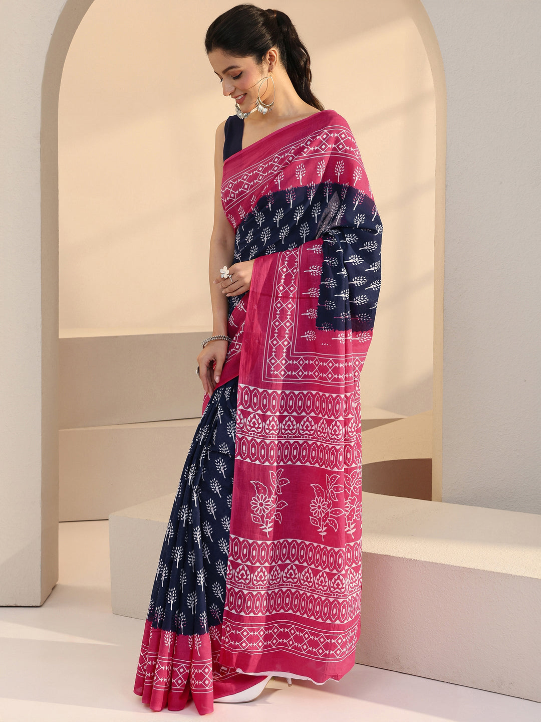 Libas Navy Floral Dabu Print Cotton Saree