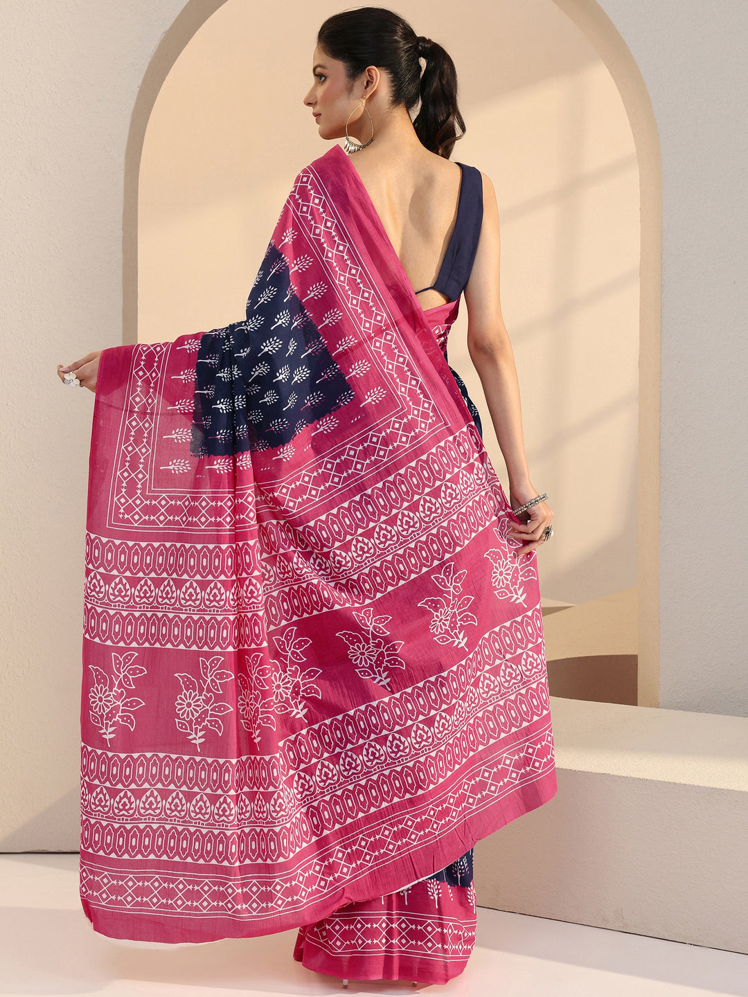 Libas Navy Floral Dabu Print Cotton Saree