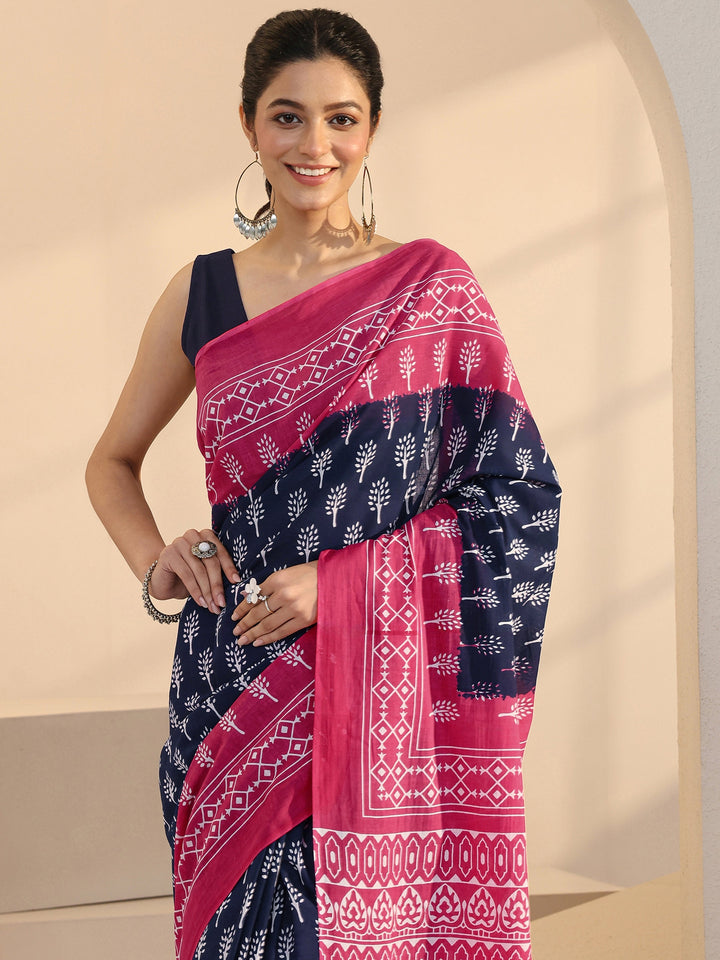 Libas Navy Floral Dabu Print Cotton Saree