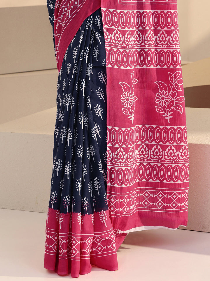 Libas Navy Floral Dabu Print Cotton Saree
