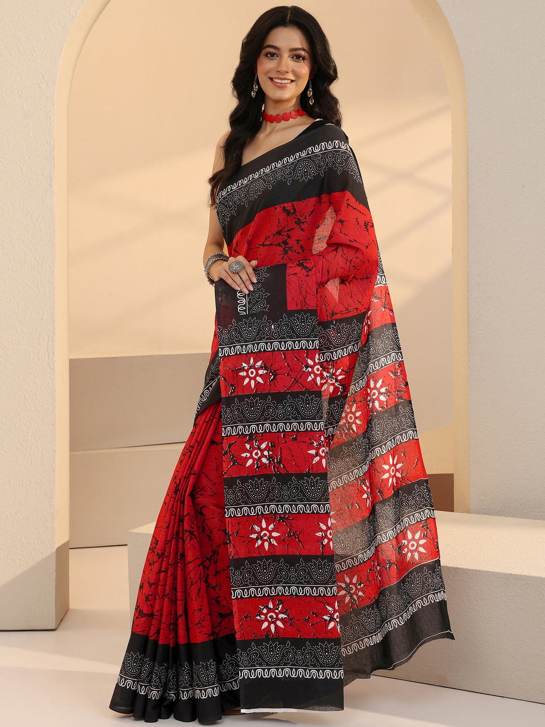 Libas Red Batik Print Cotton Saree