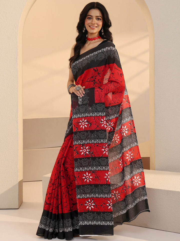 Libas Red Batik Print Cotton Saree