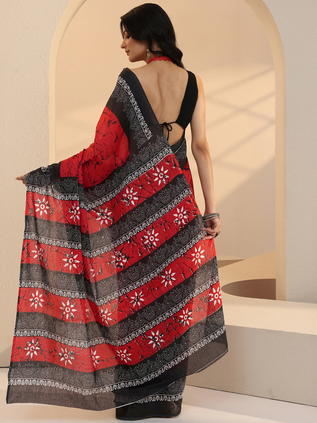 Libas Red Batik Print Cotton Saree