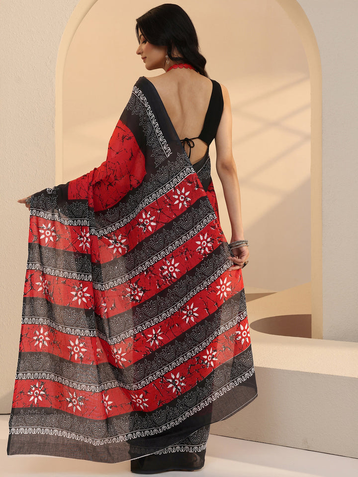 Libas Red Batik Print Cotton Saree