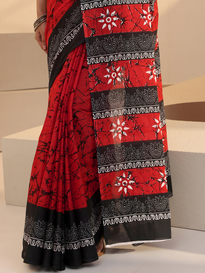 Libas Red Batik Print Cotton Saree