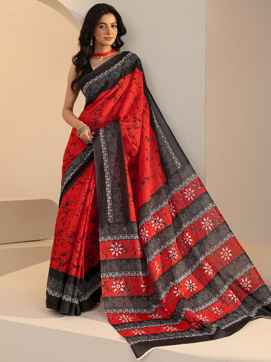Libas Red Batik Print Cotton Saree