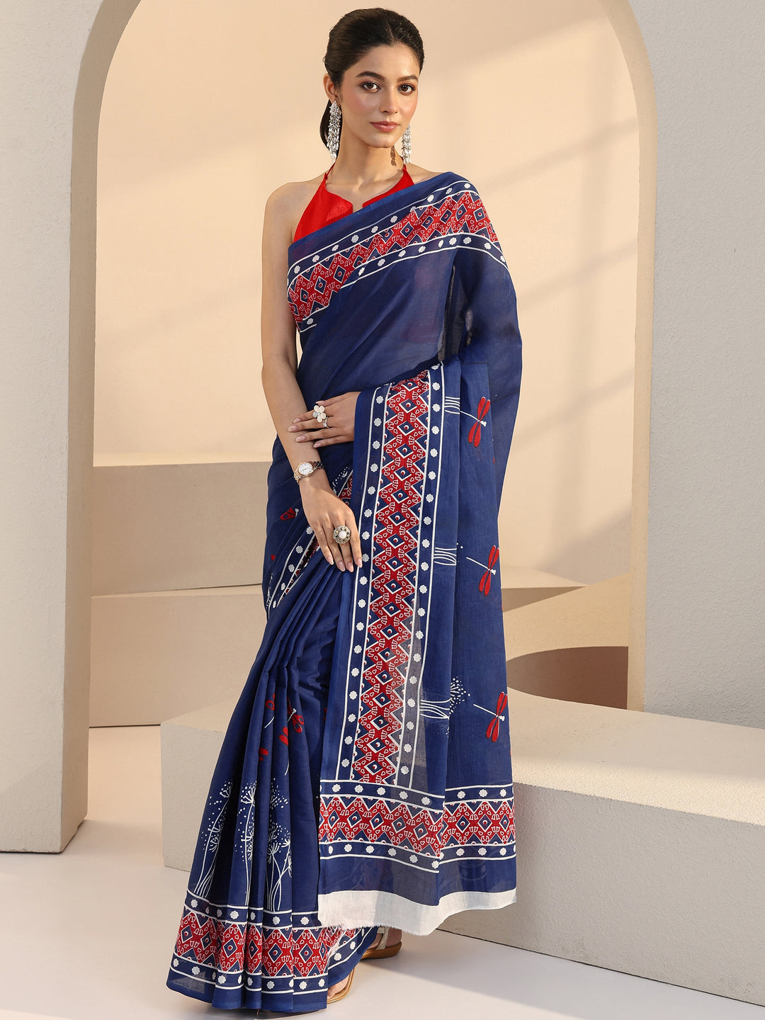 Libas Blue Dragonfly Print Cotton Saree