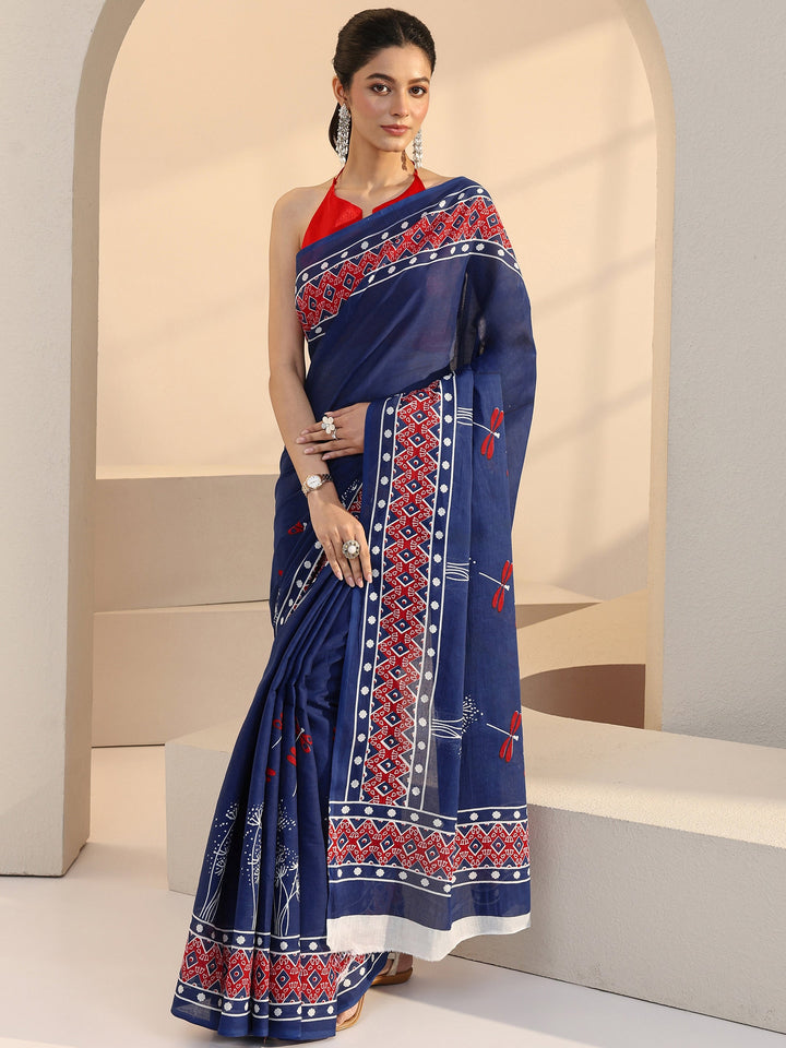 Libas Blue Dragonfly Print Cotton Saree