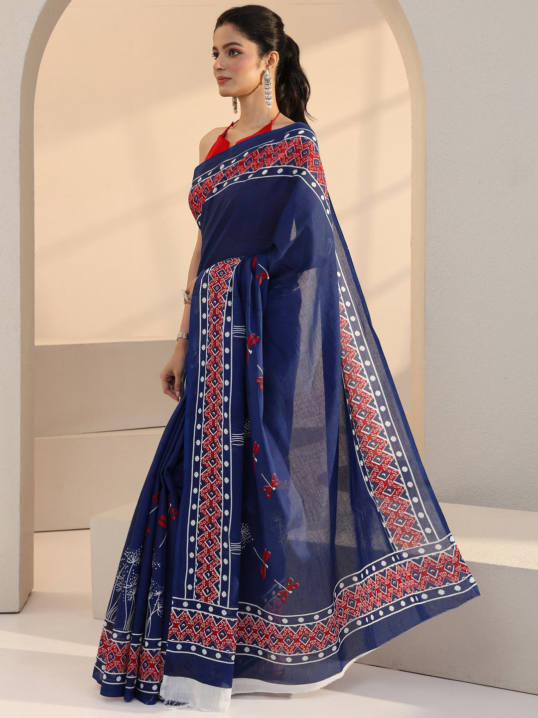 Libas Blue Dragonfly Print Cotton Saree