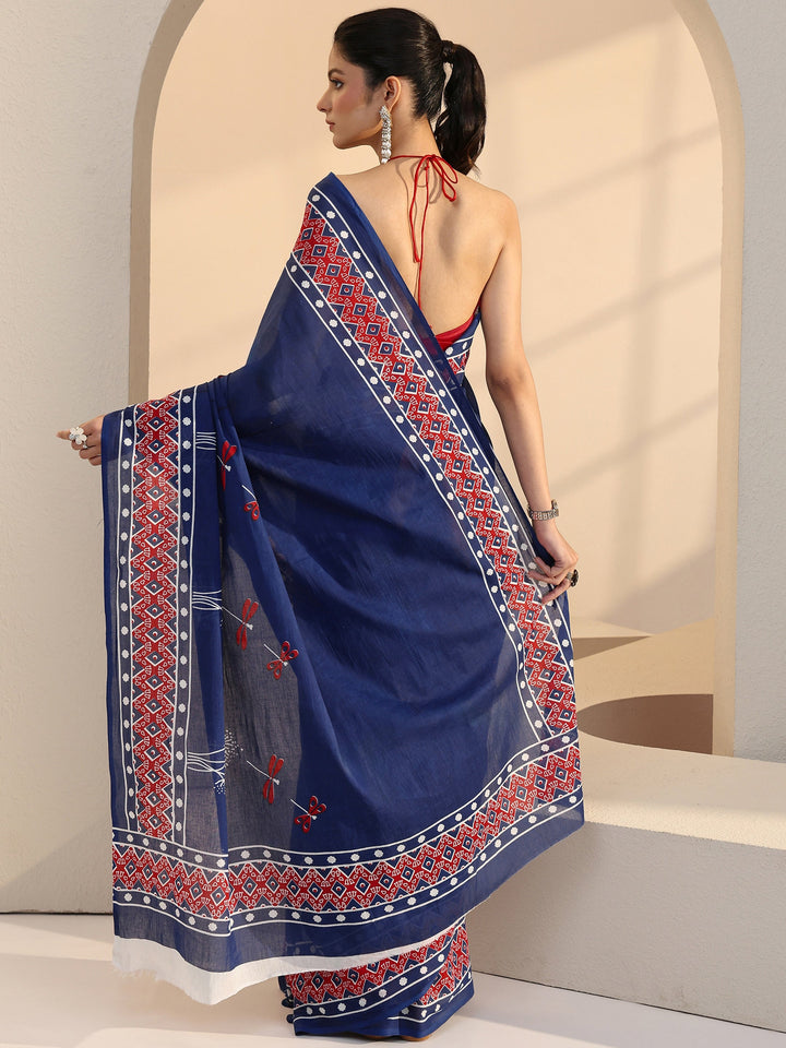 Libas Blue Dragonfly Print Cotton Saree