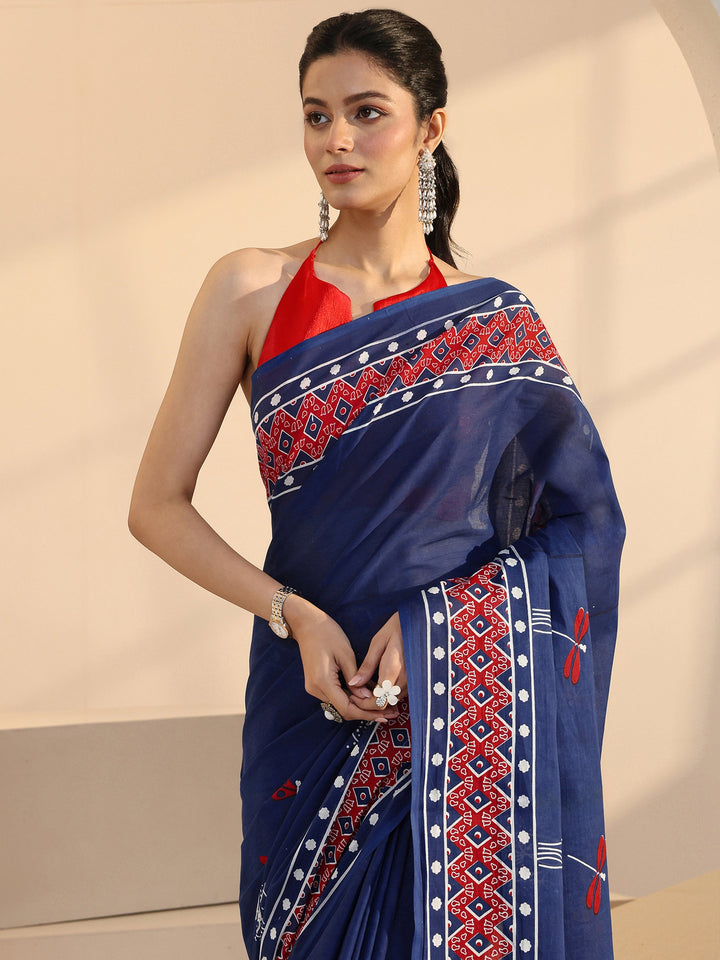 Libas Blue Dragonfly Print Cotton Saree