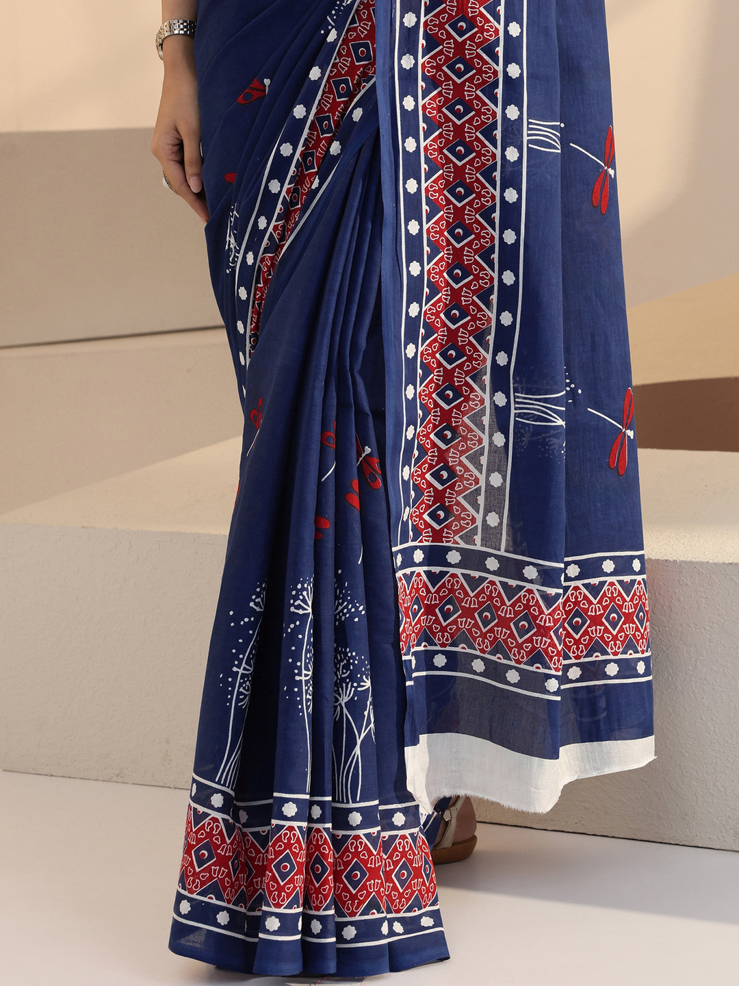Libas Blue Dragonfly Print Cotton Saree