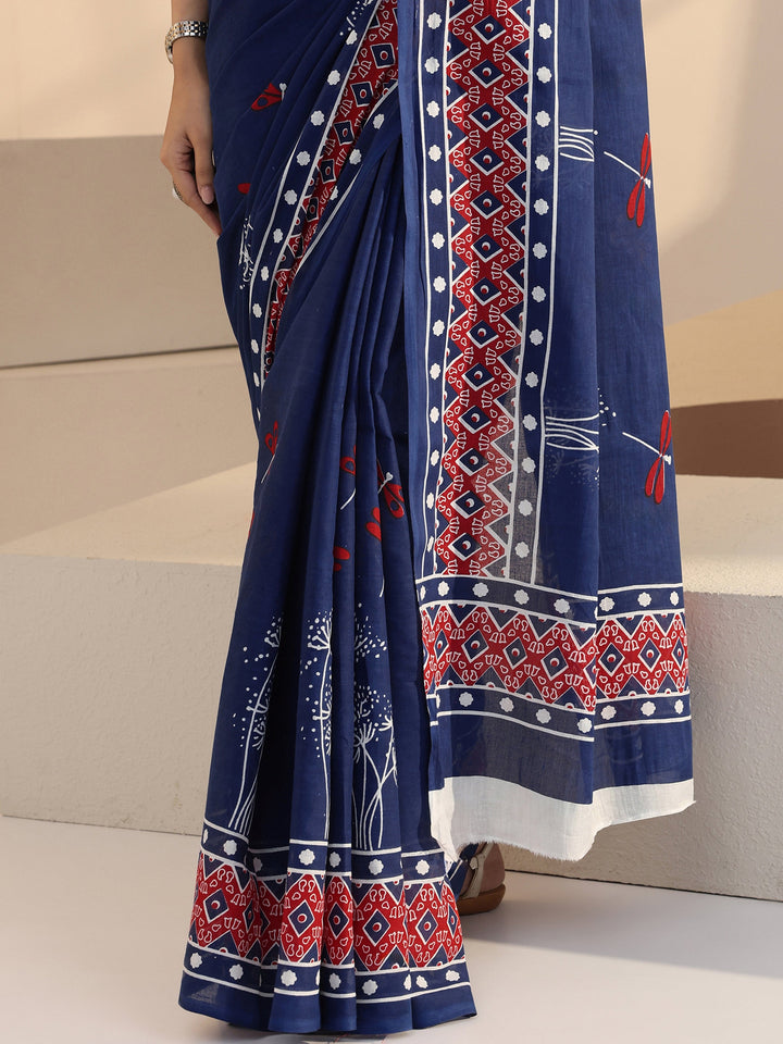 Libas Blue Dragonfly Print Cotton Saree