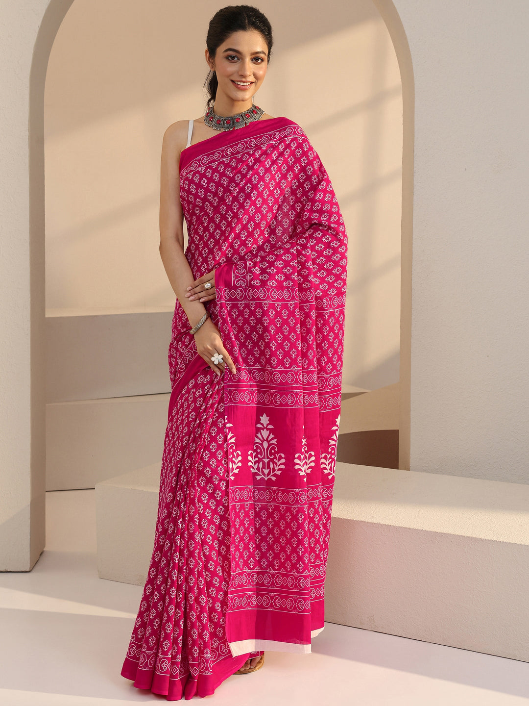 Libas Pink Bagru Printed Cotton Saree