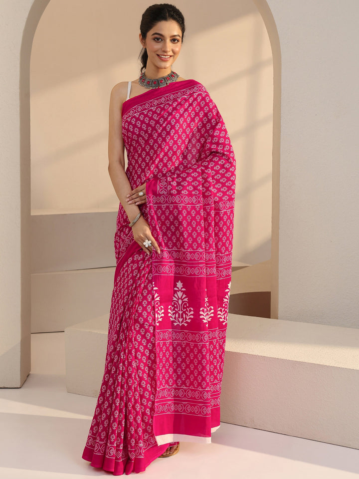 Libas Pink Bagru Printed Cotton Saree