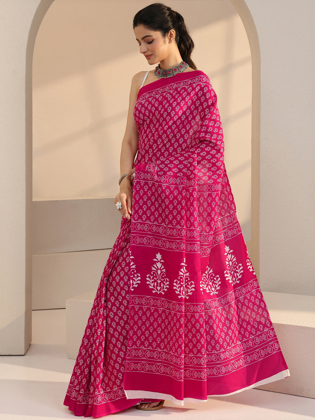 Libas Pink Bagru Printed Cotton Saree