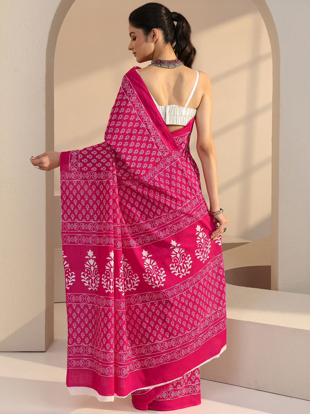 Libas Pink Bagru Printed Cotton Saree