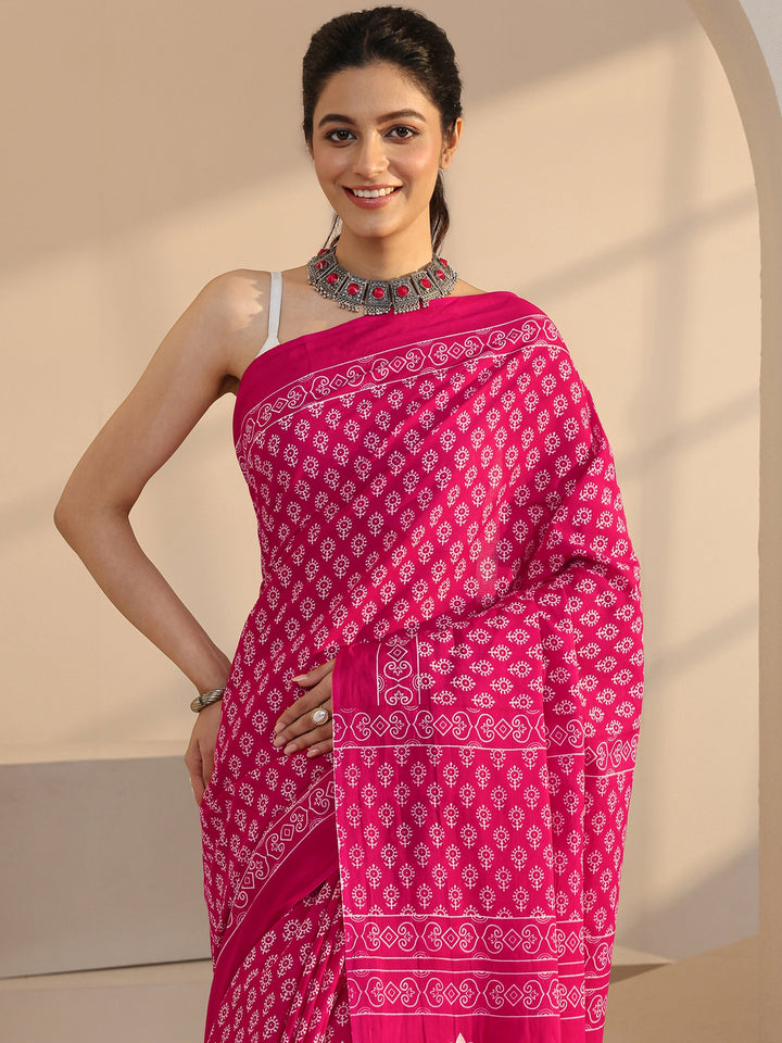 Libas Pink Bagru Printed Cotton Saree