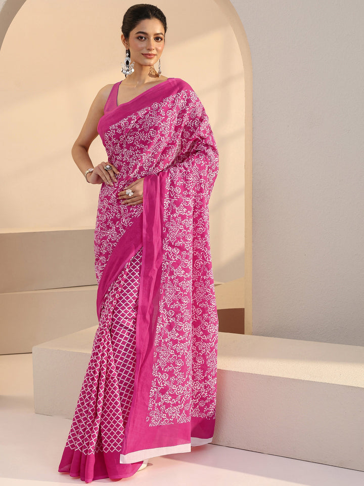 Libas Pink Floral Print Cotton Saree
