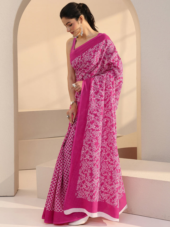 Libas Pink Floral Print Cotton Saree