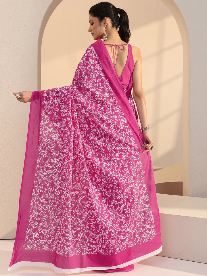 Libas Pink Floral Print Cotton Saree