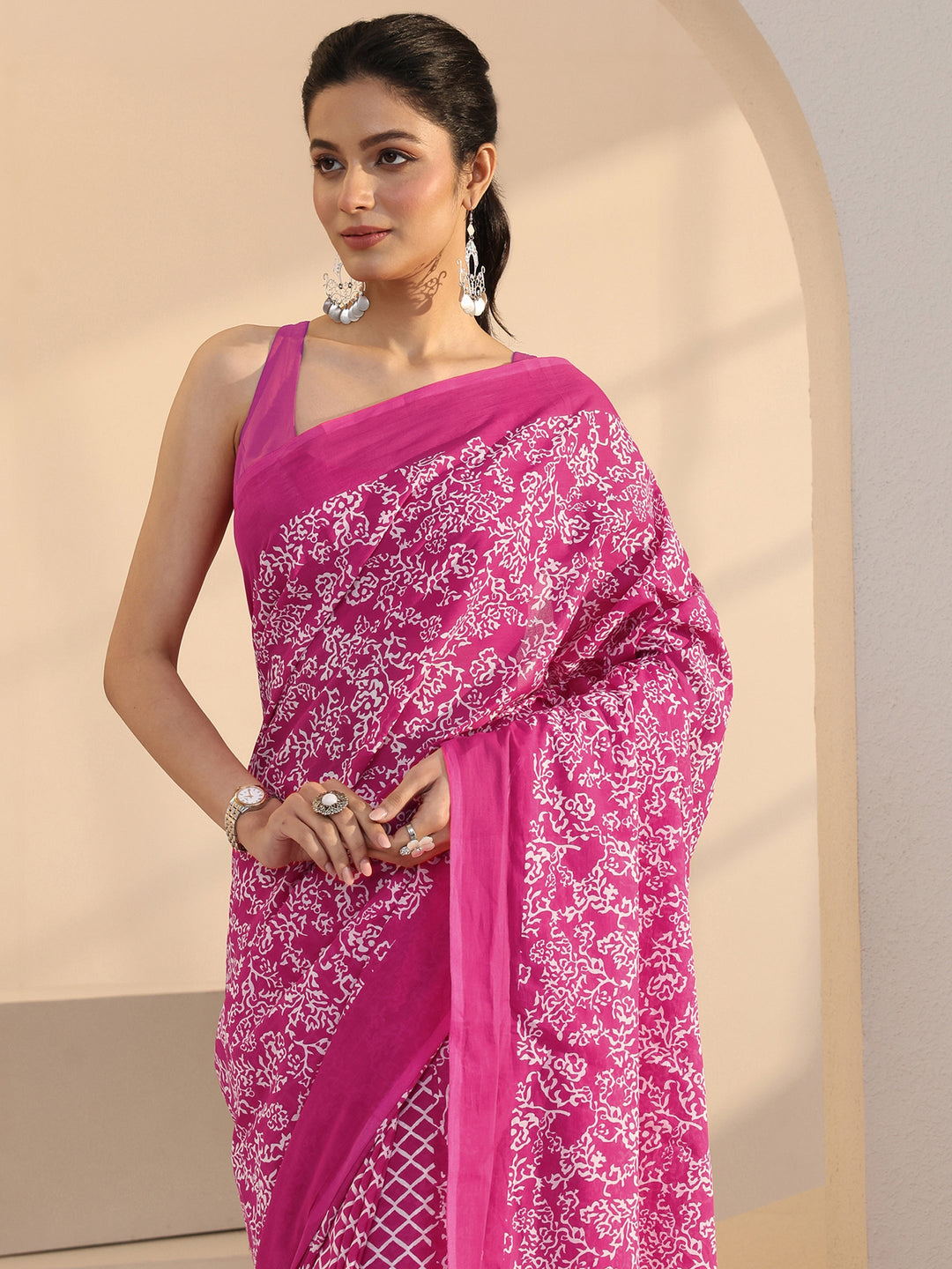 Libas Pink Floral Print Cotton Saree