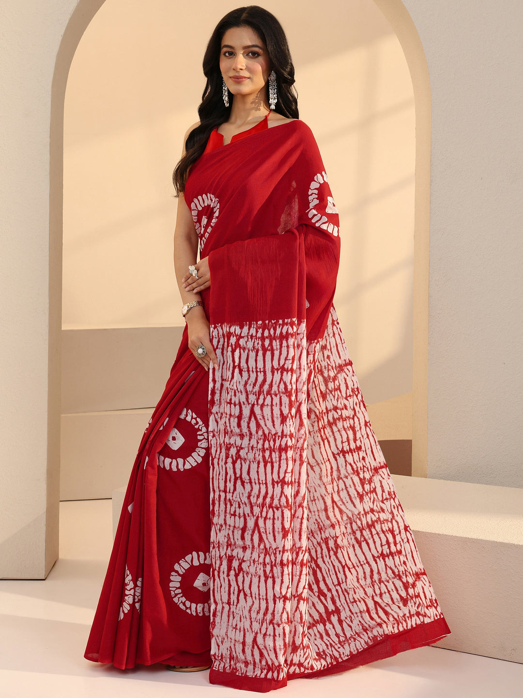 Libas Red Shibori Print Cotton Saree