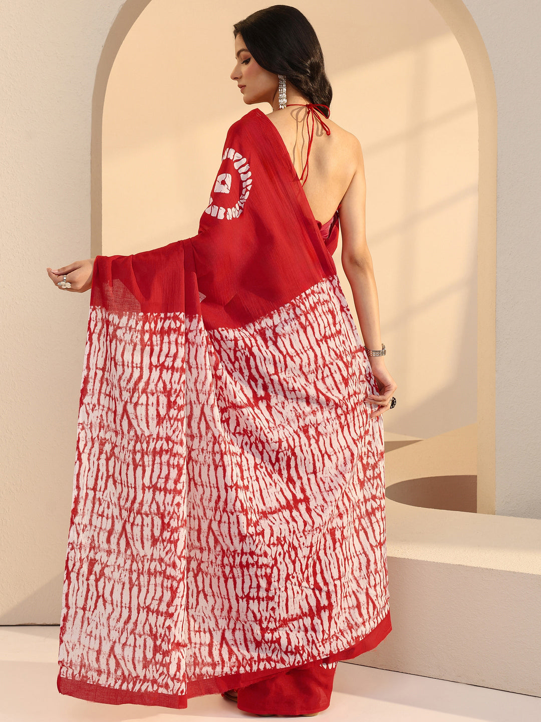 Libas Red Shibori Print Cotton Saree