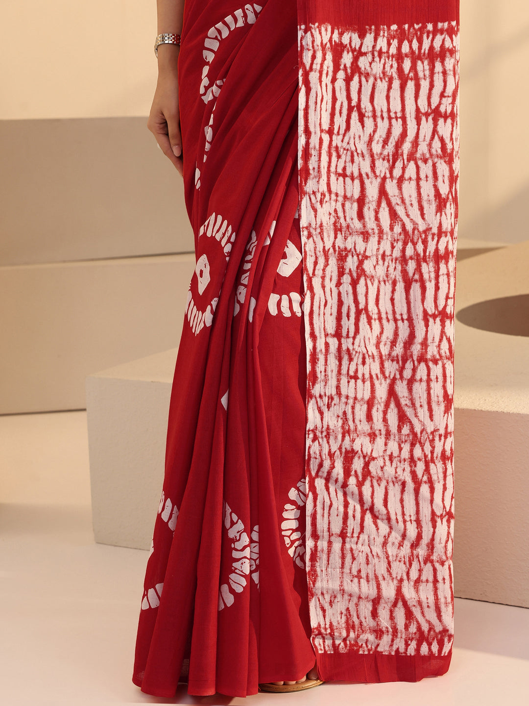 Libas Red Shibori Print Cotton Saree