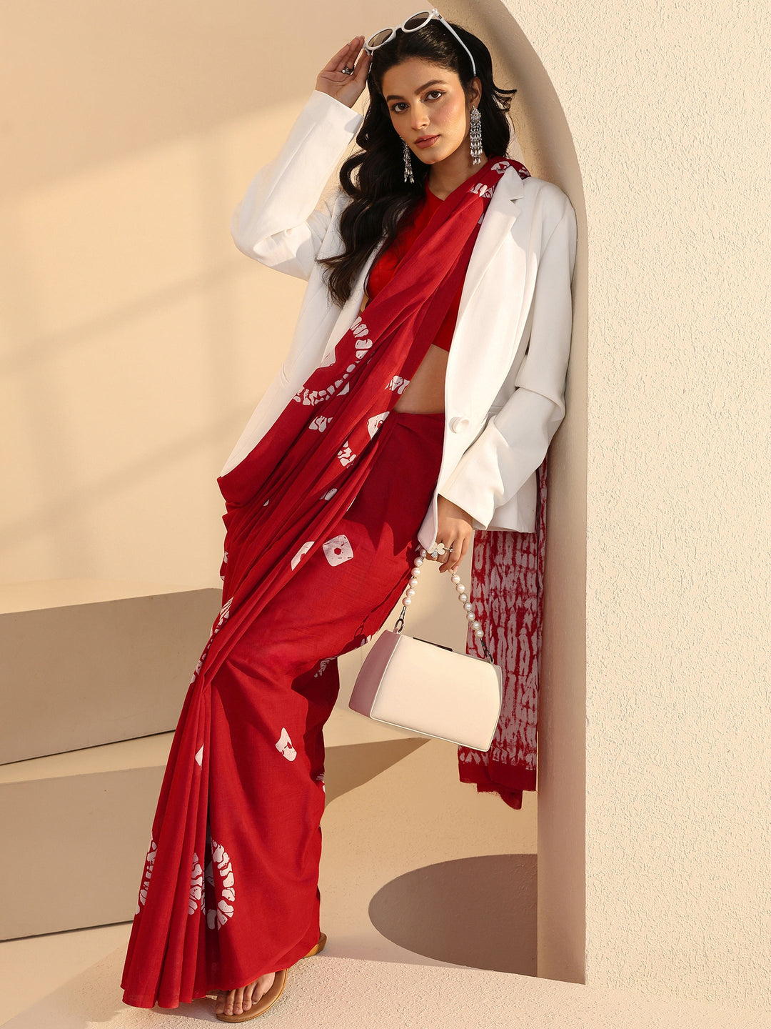 Libas Red Shibori Print Cotton Saree