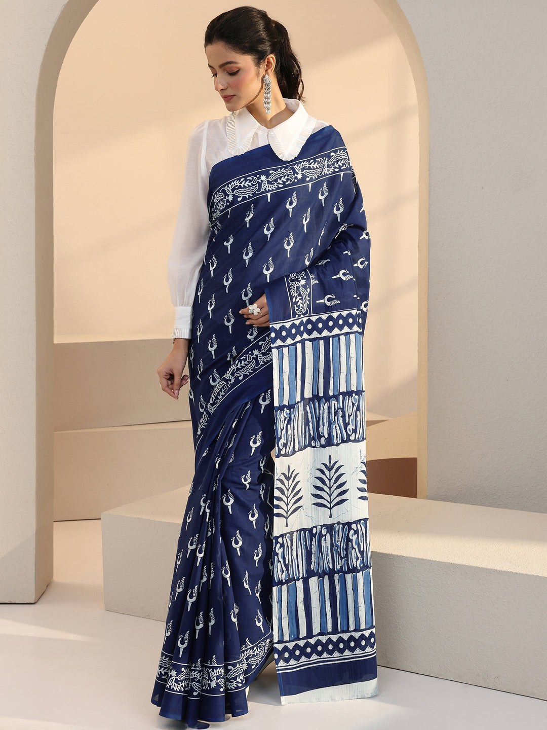 Libas Indigo Peacock Print Cotton Saree