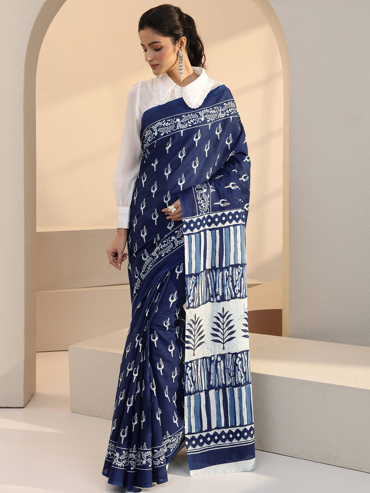 Libas Indigo Peacock Print Cotton Saree