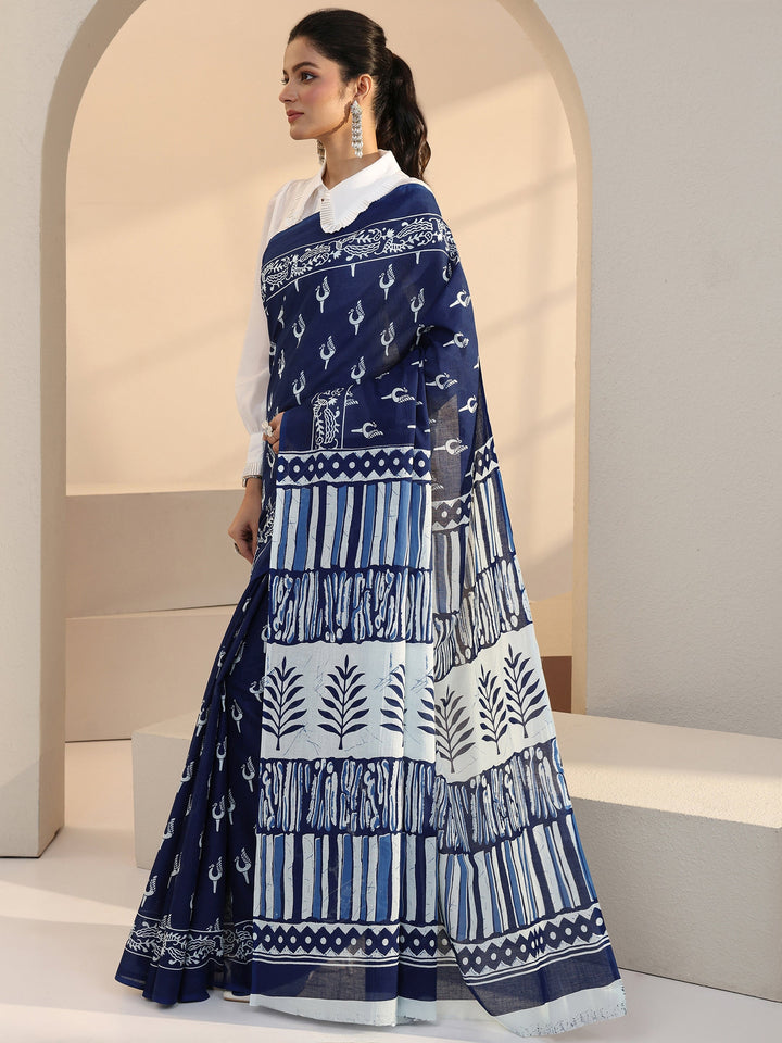 Libas Indigo Peacock Print Cotton Saree