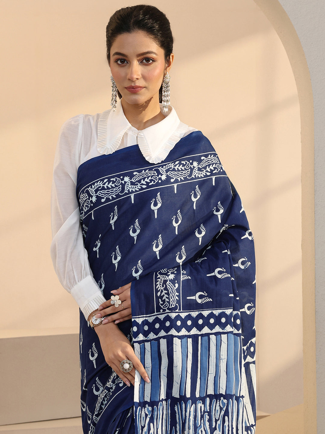 Libas Indigo Peacock Print Cotton Saree