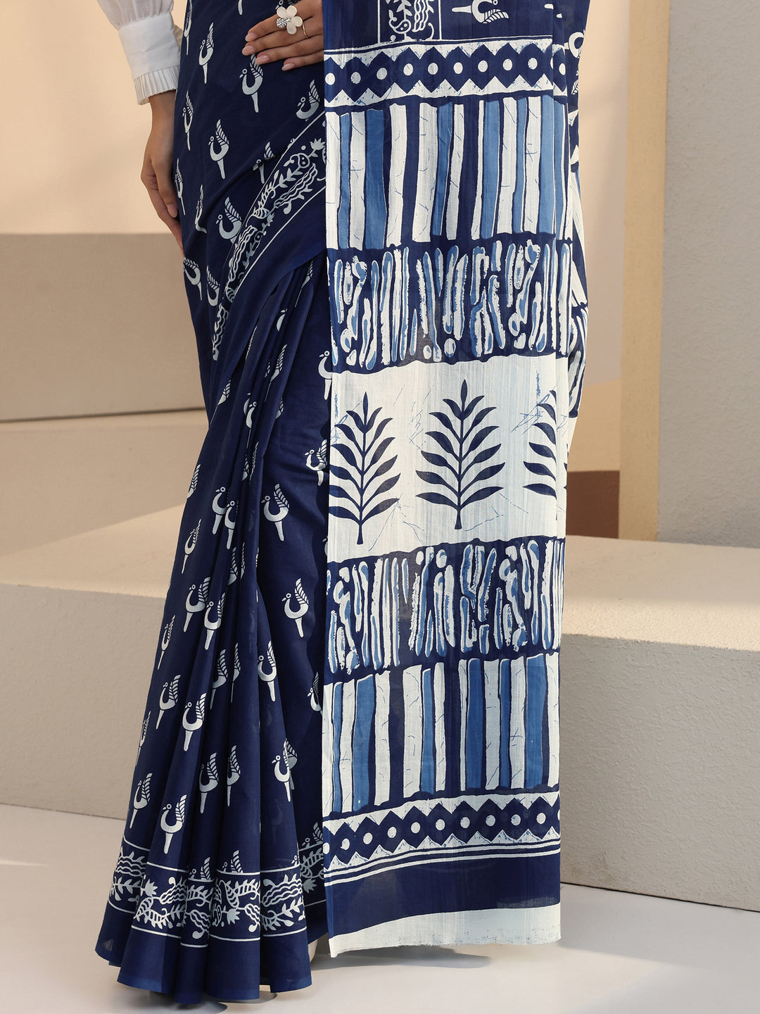 Libas Indigo Peacock Print Cotton Saree