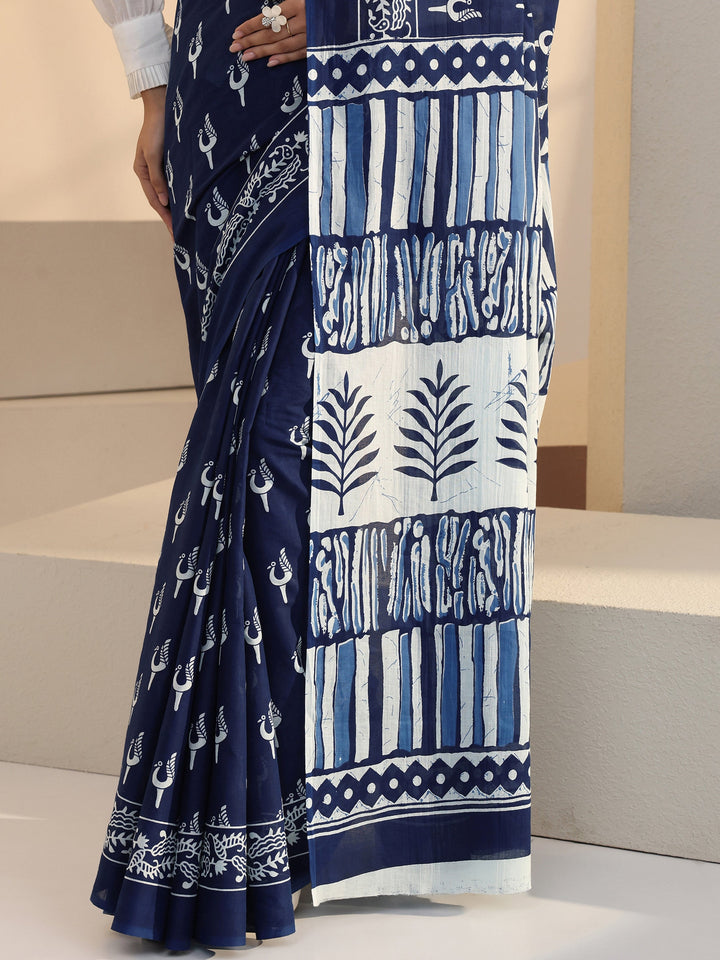 Libas Indigo Peacock Print Cotton Saree