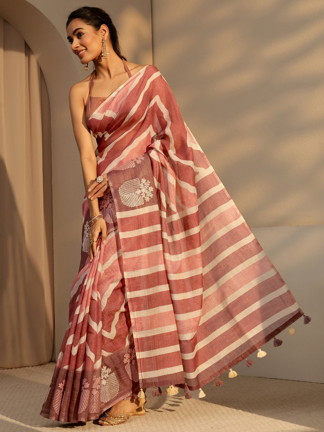 Libas Brown Chevron Printed Cotton Blend Saree