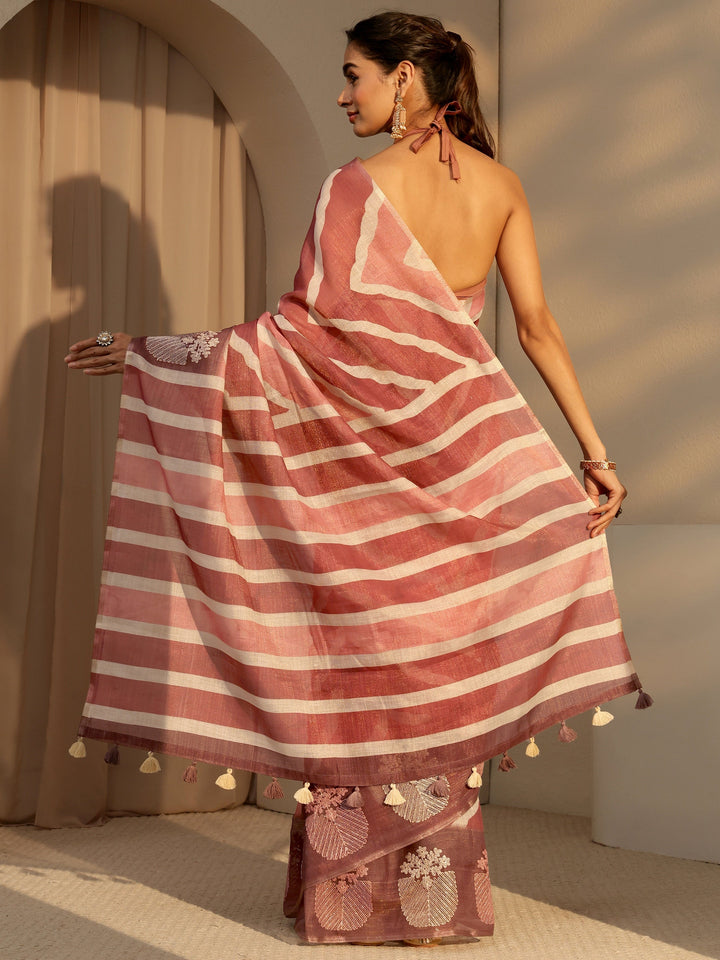 Libas Brown Chevron Printed Cotton Blend Saree