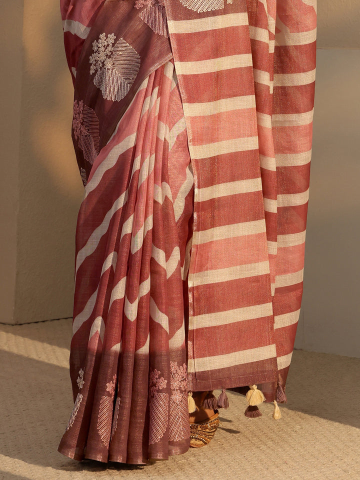 Libas Brown Chevron Printed Cotton Blend Saree