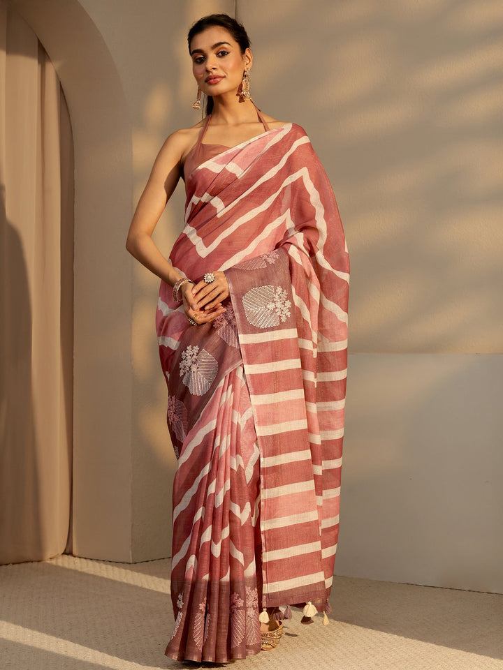 Libas Brown Chevron Printed Cotton Blend Saree