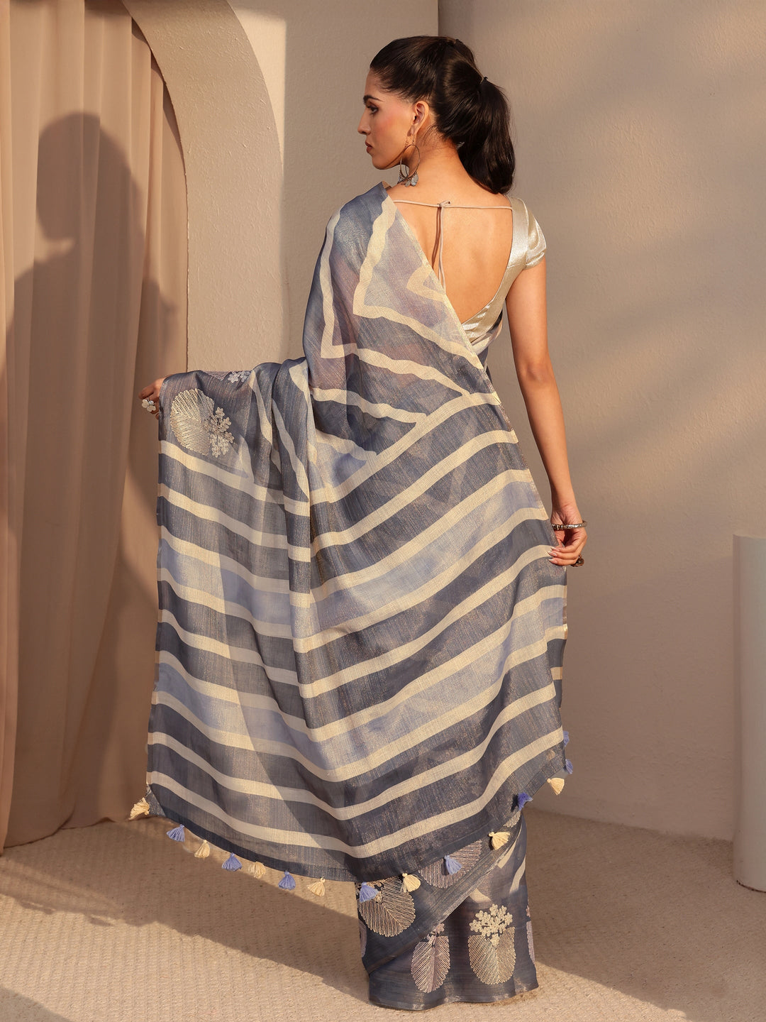 Libas Lavender Chevron Printed Cotton Blend Saree
