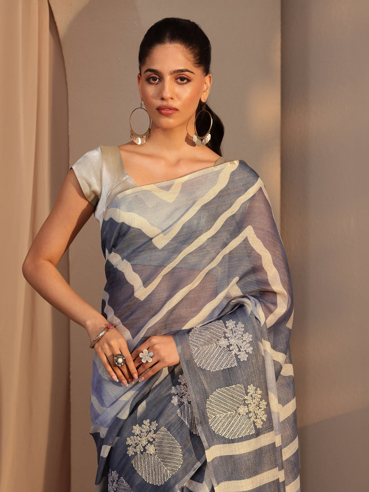 Libas Lavender Chevron Printed Cotton Blend Saree