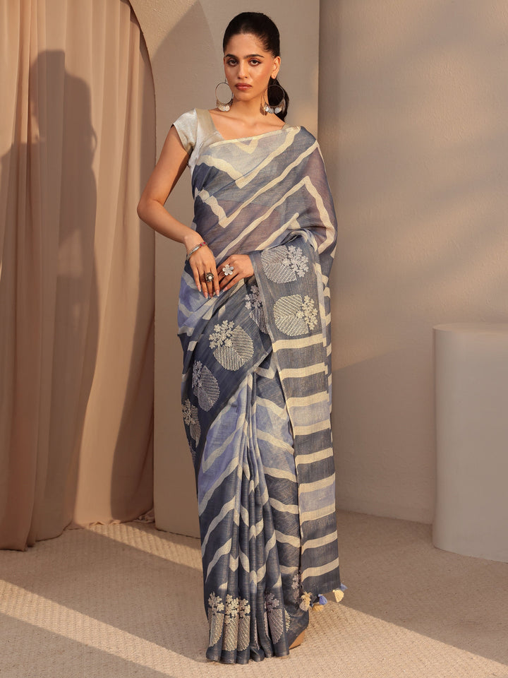 Libas Lavender Chevron Printed Cotton Blend Saree