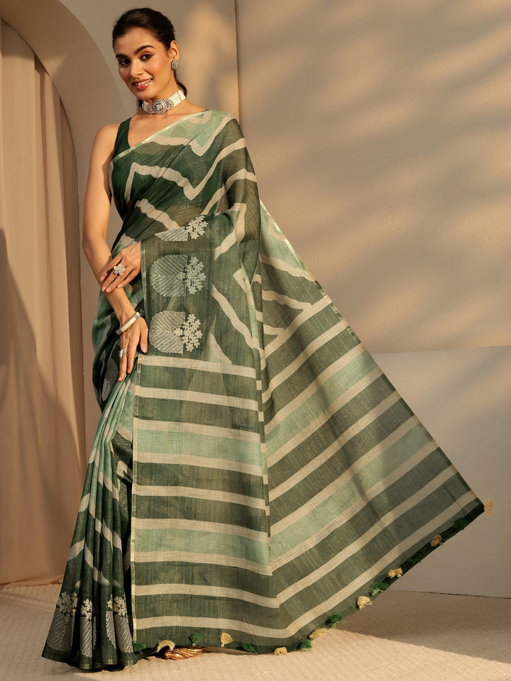 Libas Olive Green Chevron Printed Cotton Blend Saree