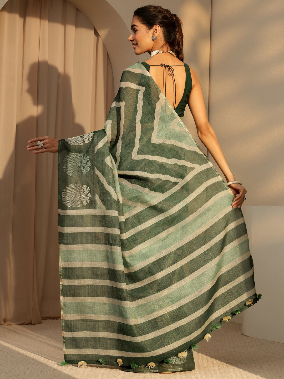 Libas Olive Green Chevron Printed Cotton Blend Saree