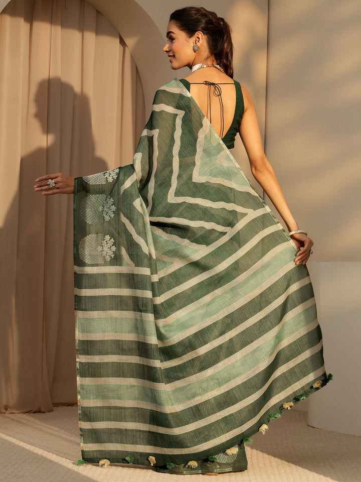 Libas Olive Green Chevron Printed Cotton Blend Saree
