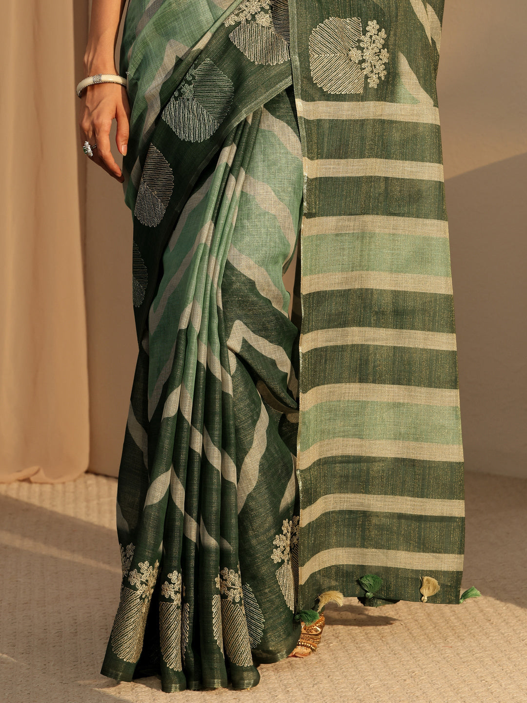 Libas Olive Green Chevron Printed Cotton Blend Saree