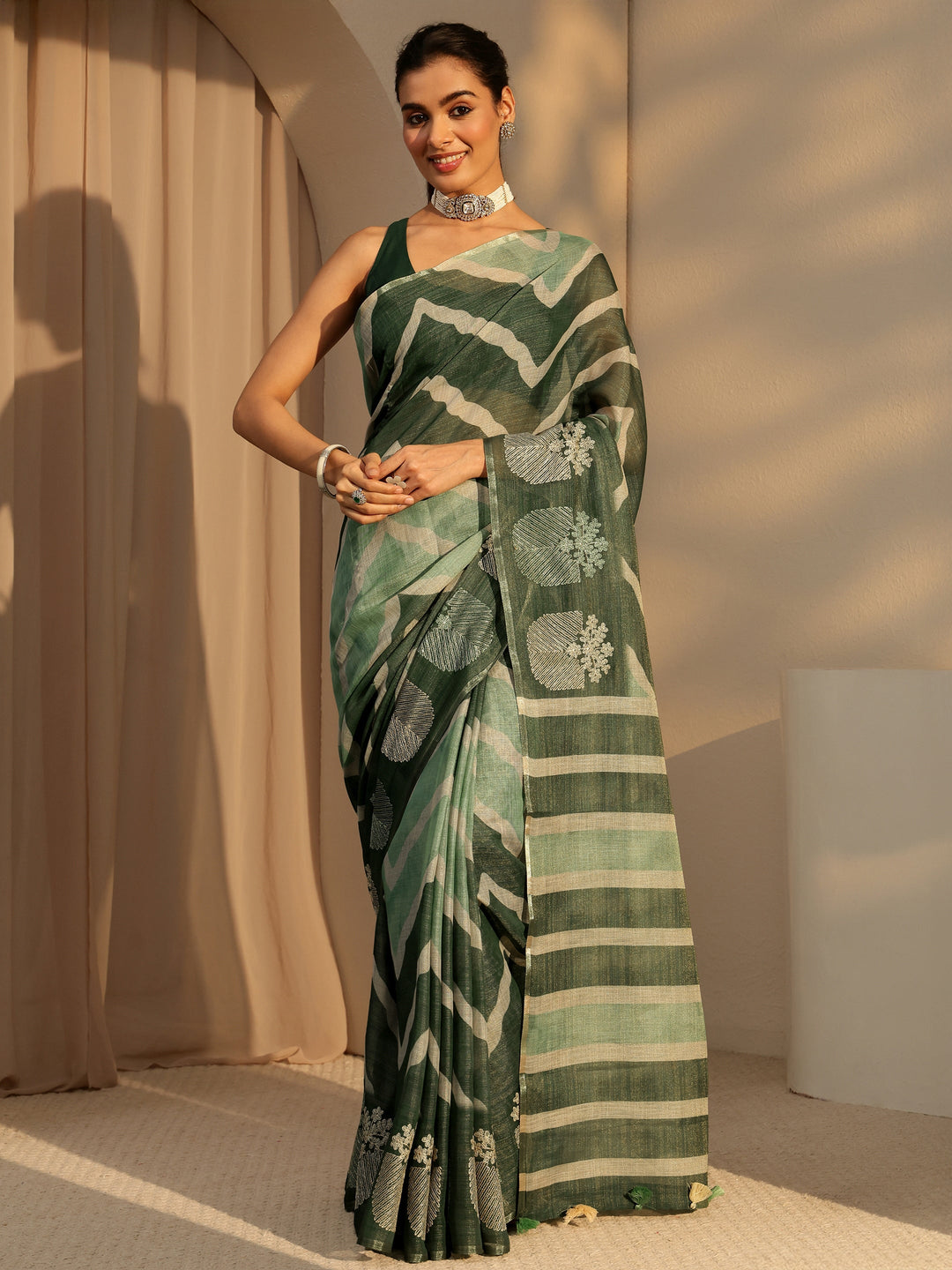 Libas Olive Green Chevron Printed Cotton Blend Saree