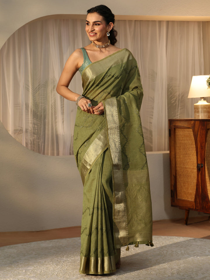 Libas Olive Green Chevron Embroidered Cotton Blend Saree