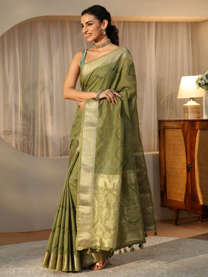 Libas Olive Green Chevron Embroidered Cotton Blend Saree
